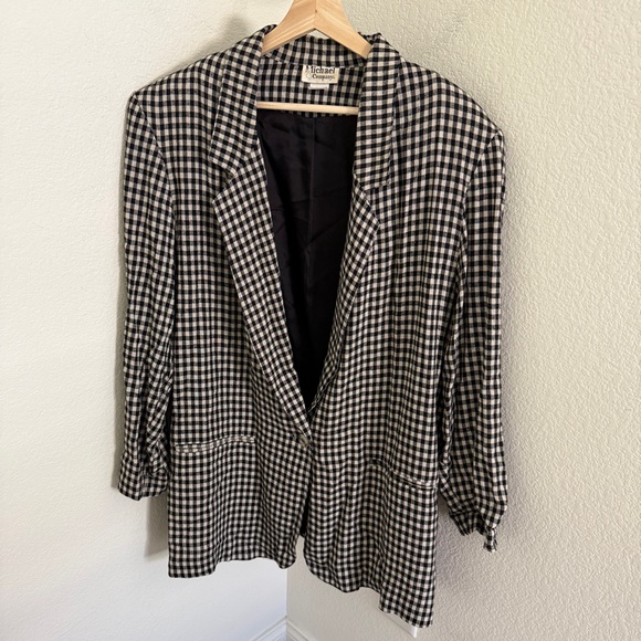 Vintage Jackets & Blazers - VINTAGE retro indie tan black gingham linen blend lightweight blazer jacket